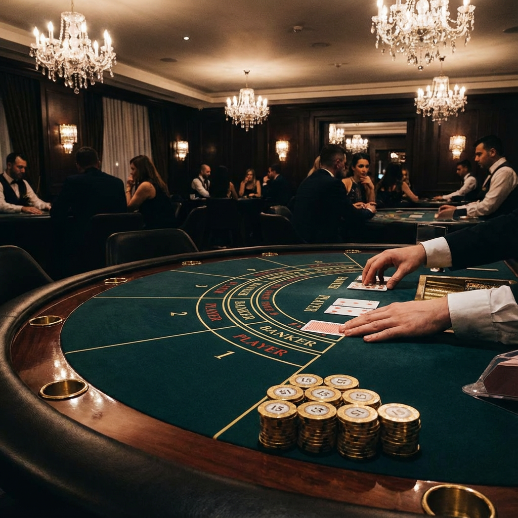 Mesa elegante de bacará com cartas sendo distribuídas e fichas com símbolo super