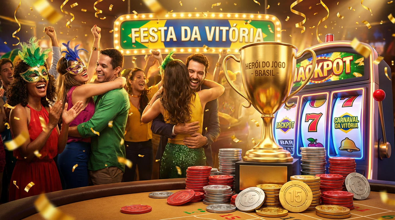 Celebração de vitória no cassino superbet com troféu dourado e confetes