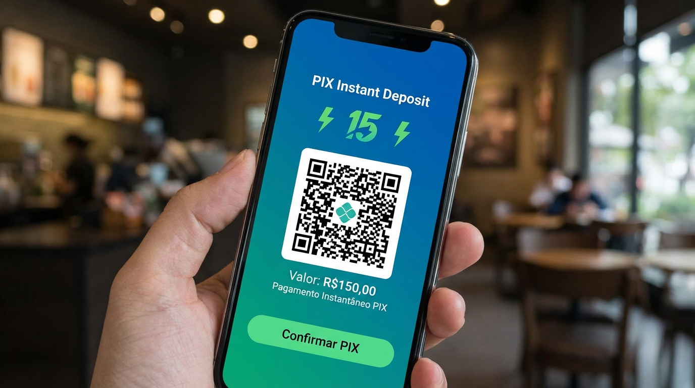 Interface de pagamento PIX instantâneo no celular com QR code e valor R$150