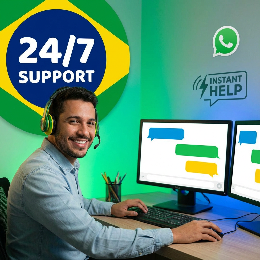 Atendente brasileiro sorridente com headset oferecendo suporte 24/7 via WhatsApp